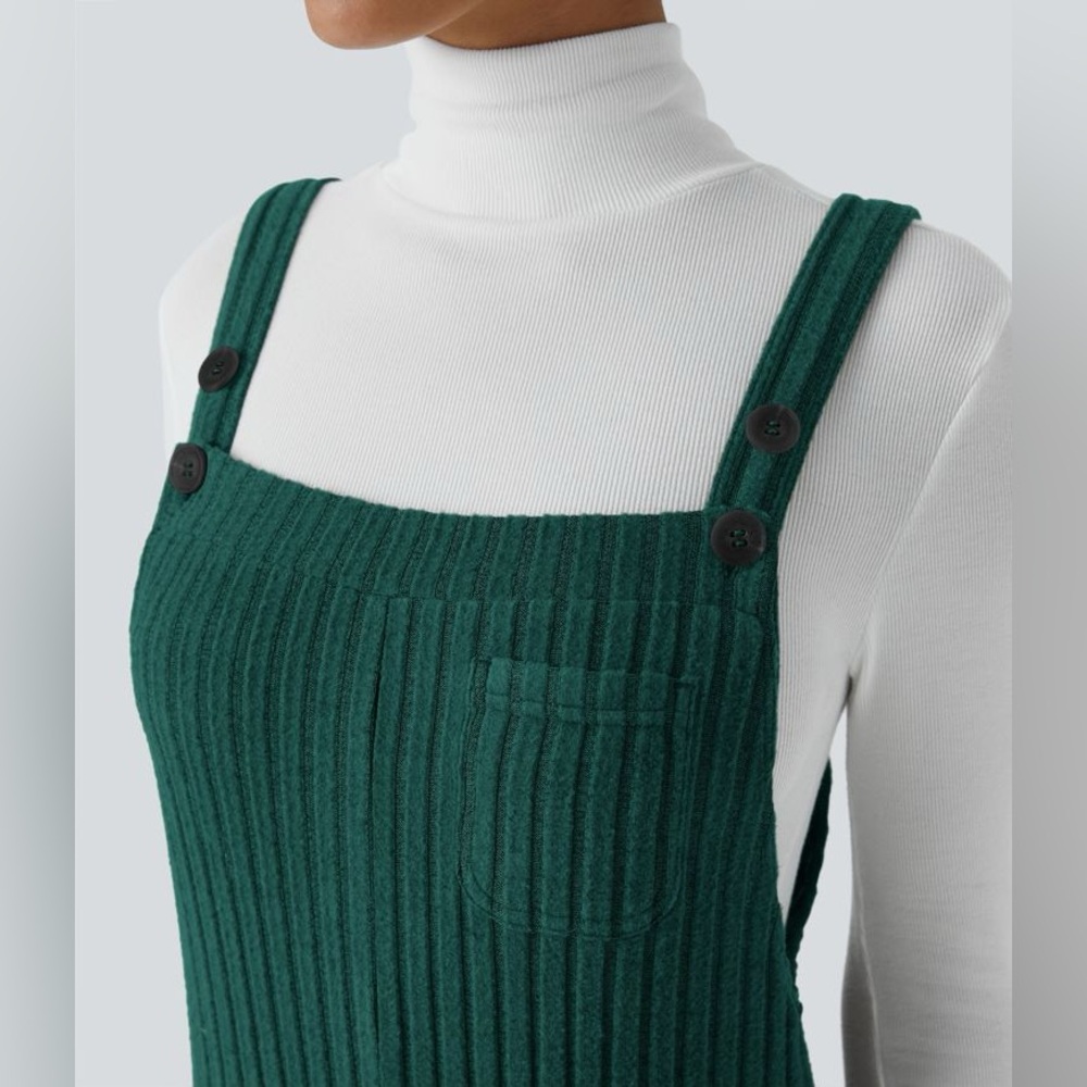 HALARA Ribbed Knit Pockets Overalls Casual Green Jumper Women's Size Small - Picture 4 of 8